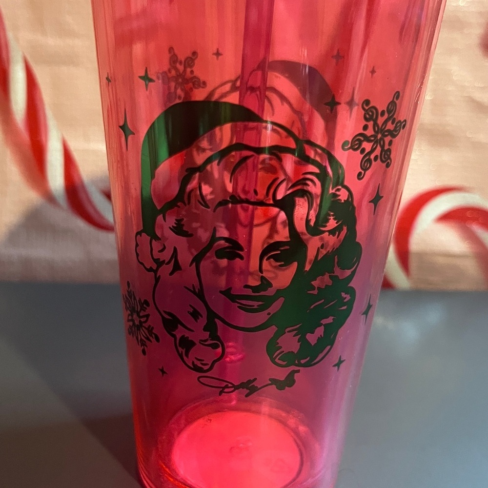 Dolly Parton Plastic Tumbler with Straw “Holly Dolly” Christmas Pink Green